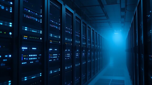 mainframe. Server racks illuminated by blue lights in a high-tech data center environment. product launch decks, UI/UX mockups, designed for data visualization dashboards and holographic UIs. - Powered by Adobe