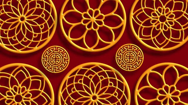 Gold Circle Abstract Flower Pattern Red Background Border