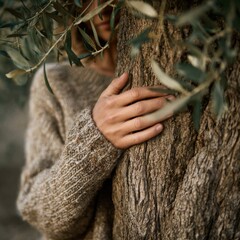 Frau umarmt einen Olivenbaum als Symbol f&uuml;r Naturverbundenheit und Ruhe