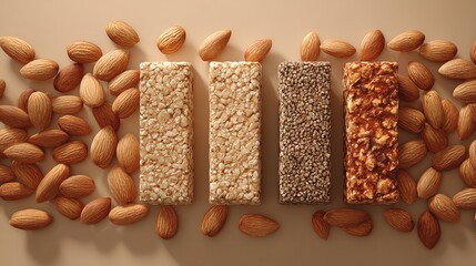 Healthy nutritious snack bars and natural almonds arranged offering wholesome energy and well-being.