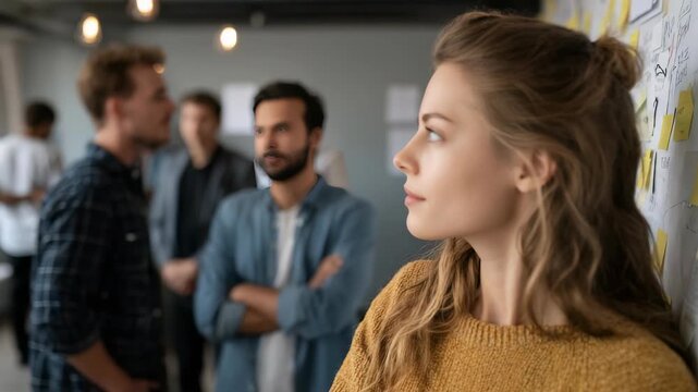 A determined woman gazes ahead, brainstorming ideas in a collaborative workspace filled with colleagues and colorful sticky notes. The atmosphere is innovative and dynamic