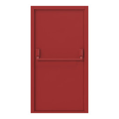 Red metal emergency exit door with push bar on white background