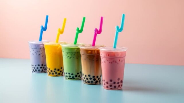 Five colorful bubble tea drinks with tapioca pearls and straws on a vibrant backdrop