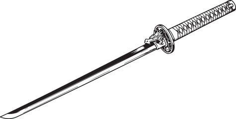 A detailed black and white illustration of a Japanese sword, featuring a finely wrapped handle and a curved, single-edged blade, ideal for historical or martial arts themes
