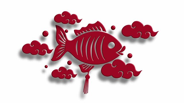 Red koi fish cutout over white background with cloud