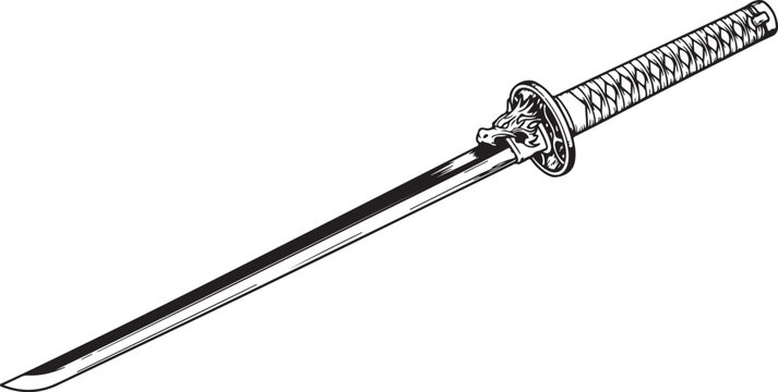 A detailed black and white illustration of a Japanese sword, featuring a finely wrapped handle and a curved, single-edged blade, ideal for historical or martial arts themes