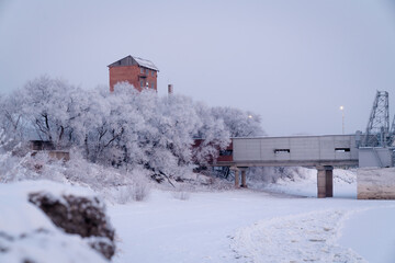 Industrial section of the Zeya River shoreline in Blagoveshchensk, Russia