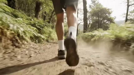Man running on a dirt trail in the woods with greenery all around him quickly