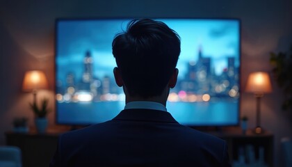 Man in suit watches city skyline on TV at night from dark room. Businessman alone indoors views screen, lone viewer observes entertainment. Person gazes at bright city lights.