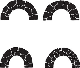Collection of stylized arch silhouettes, crafted from irregularly shaped stones, depicting architectural elements and historical structures as versatile vector design components