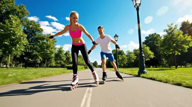 Couple rollerblading on a paved path in a park with trees and grass