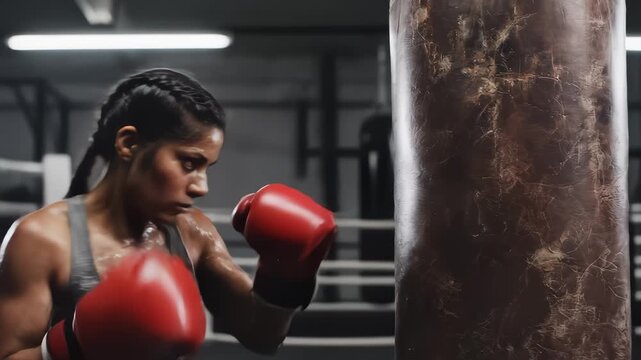 Strong Woman Boxer Hitting Punching Bag With Comic Book Overlay Effect