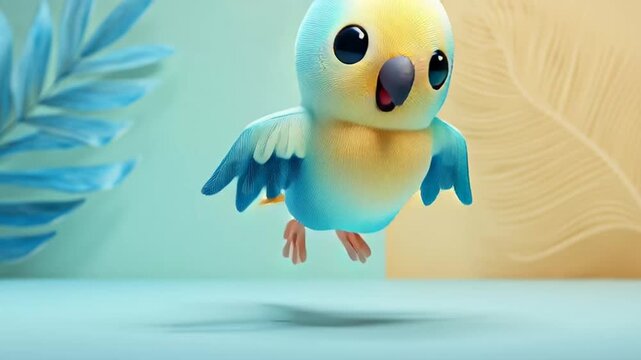 A charming cartoon baby parrot stands playfully on a colorful background with leaves.