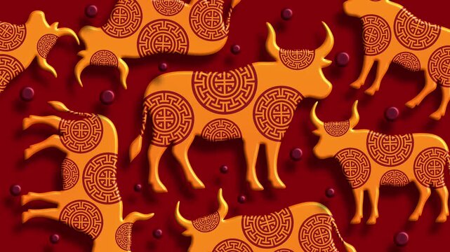 Red background with golden bull ox year pattern