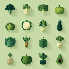 Green Vegetable Icons Collection in Flat Vector Style
