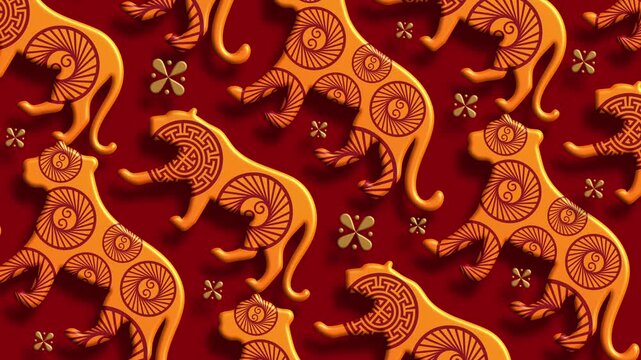 Red background with golden tiger repeating seamless pattern