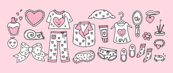 Cute Pink Outline Valentines Day Loungewear and Accessories Doodle Set. Isolated Girly Sleepwear Romantic Design Kit Collection. Vector Illustration. Not AI