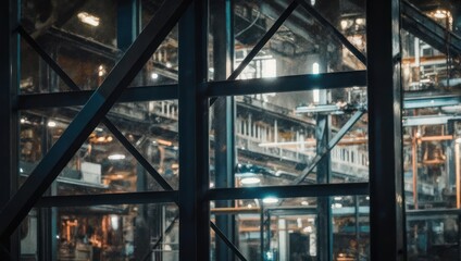 Fototapeta premium Industrial Interior with Metal Beams and Complex Machinery.