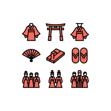 Safari Duo-Tone Icon Set &ndash; Coming of Age Day: Kimono, Torii, Fans & Sandals