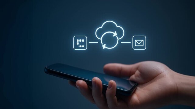 Cloud data synchronization concept with smartphone in hand showing app and email icons, seamless digital communication and connectivity through cloud storage and data flow animation technology
