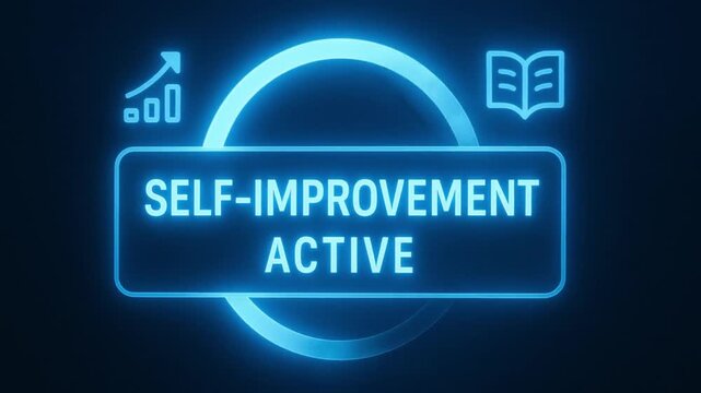 Self improvement active glowing neon sign with circular ring and icons of growth chart and book symbolizing learning progress in blue light on dark background for personal development
