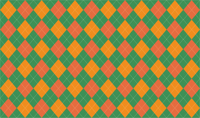 秋冬の季節感あふれるグリーンとオレンジのアーガイルチェックパターン背景素材 - クラシック・トラディショナル向けベクター素材