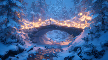 Winter bridge illuminated with lights