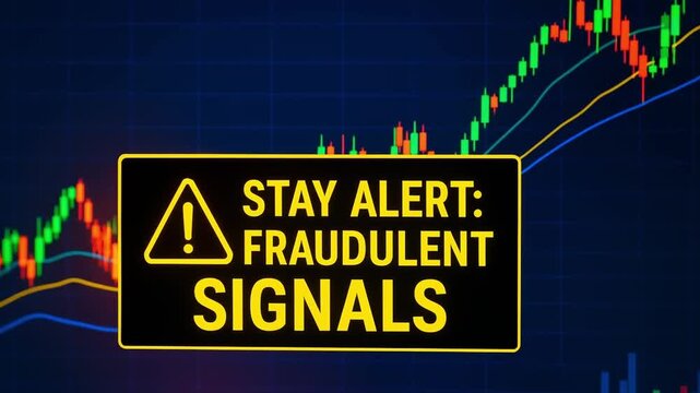 Stay alert fraudulent signals warning sign with exclamation mark on stock market chart background showing financial data candlestick graph highlighting risk and caution in investment decisions