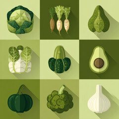 Green Vegetable Icons Set in Flat Vector Style
