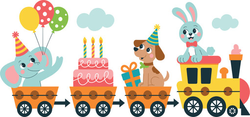 Cute birthday animal train banner, happy party elephant, dog, rabbit, cake, balloons, toy carriage set