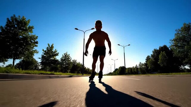 Man rollerblading on a sunny road with trees and streetlights