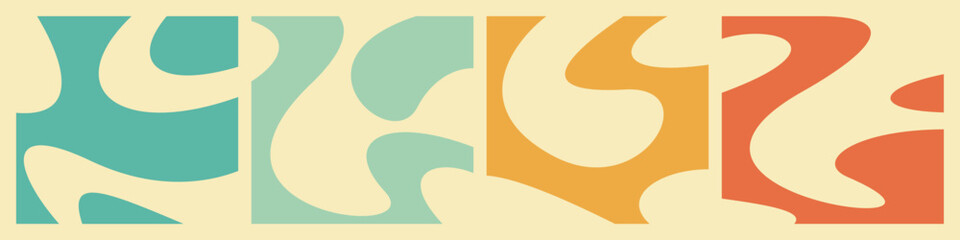 Set of abstract patterns with soft retro color palettes like teal, cream, yellow, and orange. Ideal for backgrounds. Design Illustration