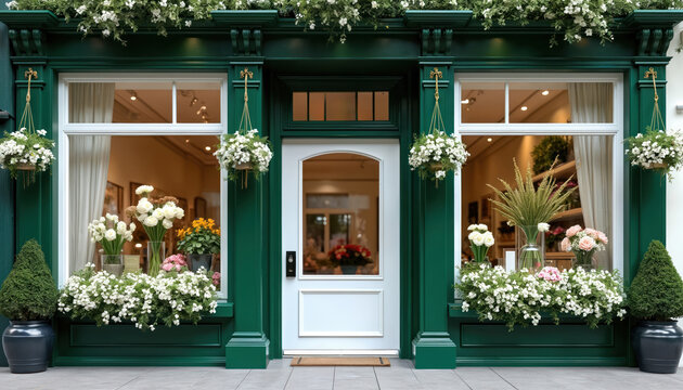 Elegant green florist shop exterior with white trim windows, doors. Flower baskets hang above window boxes filled with blooms. Two decorative topiaries stand by entrance, creating inviting commercial