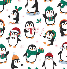 Cute winter holiday Christmas penguins seamless pattern, festive little birds holding gifts, ice skating, wearing scarves