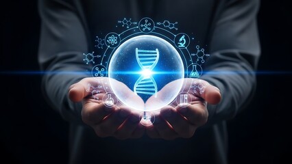 Two hands holding a glowing DNA helix sphere for medical research and biotechnology concept.