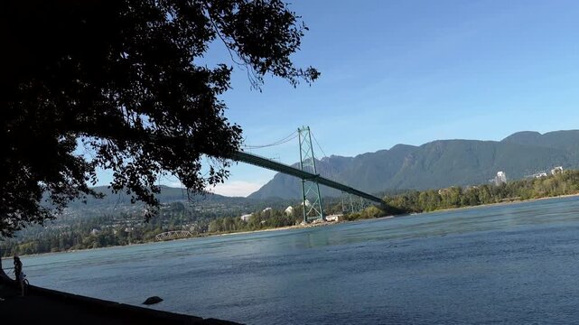 Green lions gate bridge rising majestically against clear blue sky, cyclists riding along scenic stanley park seawall with downtown vancouver backdrop, capturing urban recreation and natural beauty