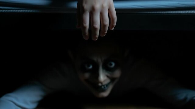 Child's hand reaching from bed as a monster with glowing eyes emerges from under, horror concept footage
