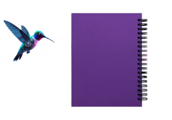 Vibrant hummingbird hovering near a purple spiral notebook isolated on transparent background