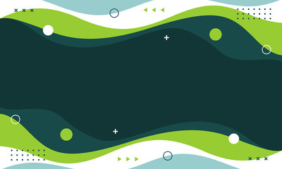 Abstract green fluid wave background with geometric elements. Modern Memphis wallpaper. Suitable for templates, sale banners, business ads, presentations, websites, and pages