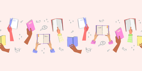 Seamless pattern border of diverse hands holding open and closed books, notebooks, and journals for educational projects, school materials, library posters, digital learning designs. Vector