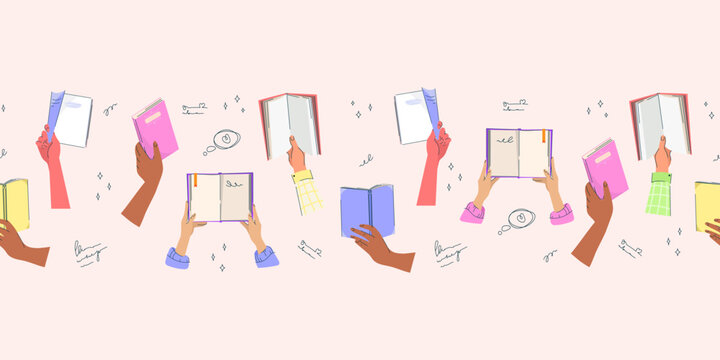 Seamless pattern border of diverse hands holding open and closed books, notebooks, and journals for educational projects, school materials, library posters, digital learning designs. Vector