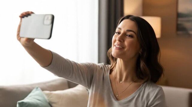 Smiling woman taking a selfie with a smartphone at arm's length in a cozy living room