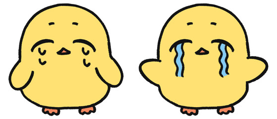 手描き、可愛いヒヨコのキャラクター、笑い泣き顔の表情2種類セット © とりあいす