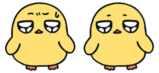 手描き、可愛いヒヨコのキャラクター、困っている・呆れている表情2種類セット © とりあいす