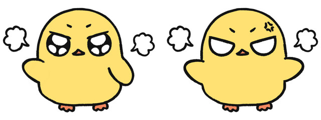 手描き、可愛いヒヨコのキャラクター、怒っている表情2種類セット © とりあいす
