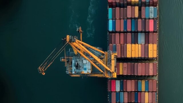 A large cargo ship is docked, with vibrant containers stacked on its deck. A crane is positioned to load more containers from the dock. The surrounding water reflects the clear sky above.
