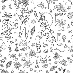 Carnival Women Dancers Seamless Pattern. Happy Female Character in Masquerade Costumes with Feathers, festive elements on White Background. Outline Hand-Drawn Doodle. Vector Illustration. Not AI