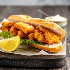 Close-up of a crispy fish sandwich with lemon wedge, on wooden surface