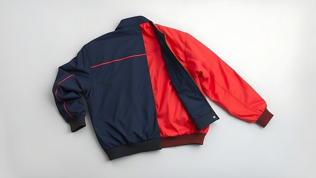 reversible. A reversible jacket lying on a plain surface, one side blue and the other red. lifestyle magazines, social media lookbooks, designed for lifestyle magazines and social media content.