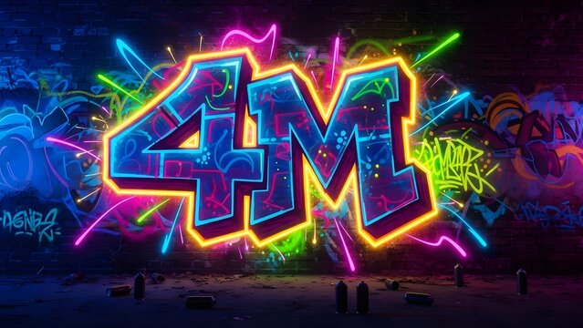 Vibrant neon graffiti art featuring the number 4m on a dark urban brick wall